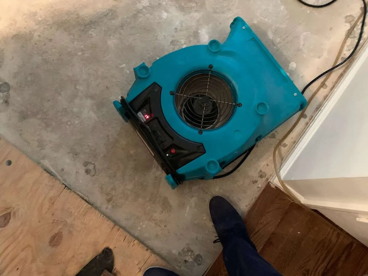 Air mover drying subfloor during Leak Detection & Repair in Tittabawassee